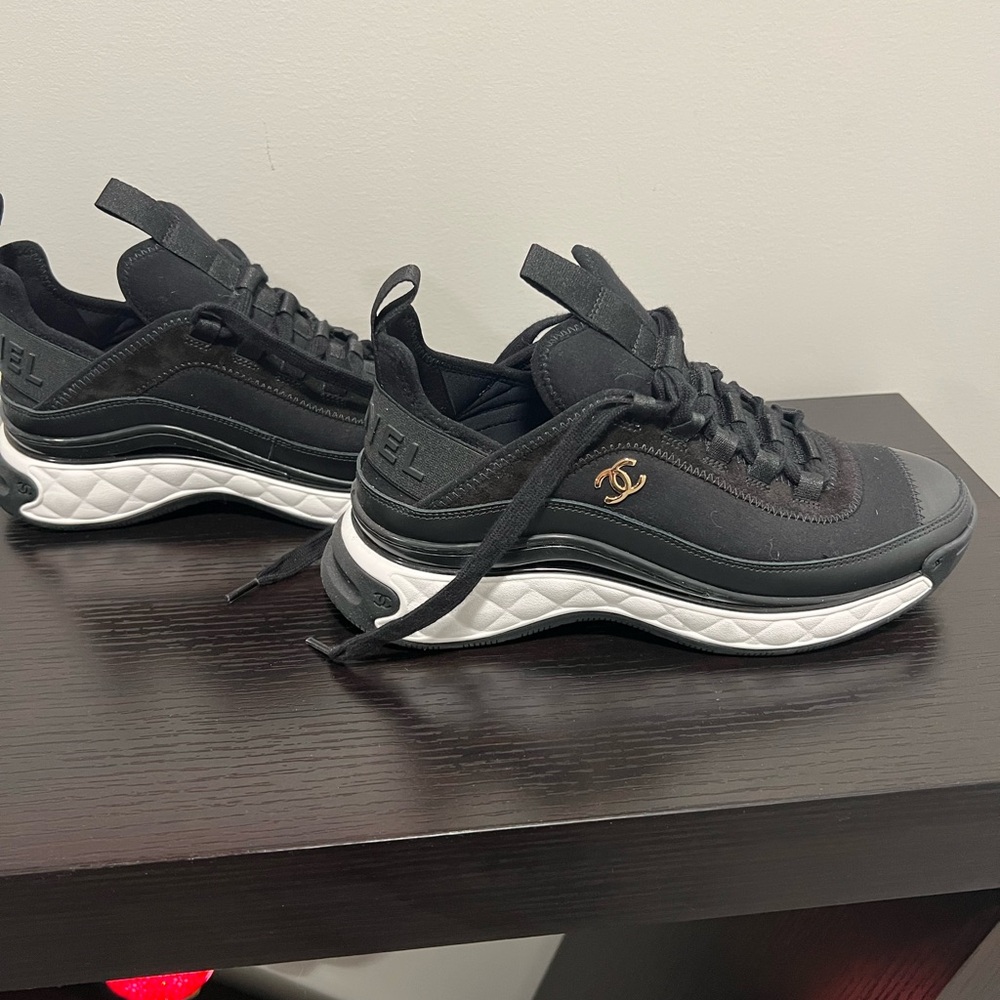 New Chanel Black Velvet & Calfskin Sneakers 37.5